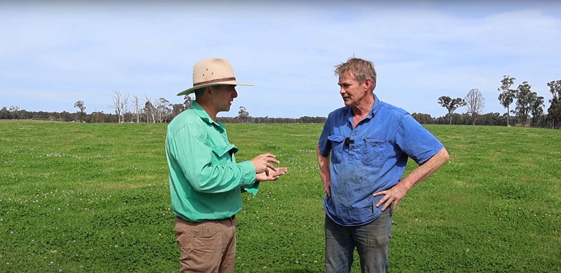 Peter Norwood consulting with a farmer in pasture